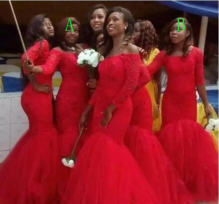 2018 Hot South African Nigerian Lace Bridesmaid Dresses Corset Back Red Tulle Plus Size Appliques Mermaid Maid Of Honor Gowns Cheap Custom