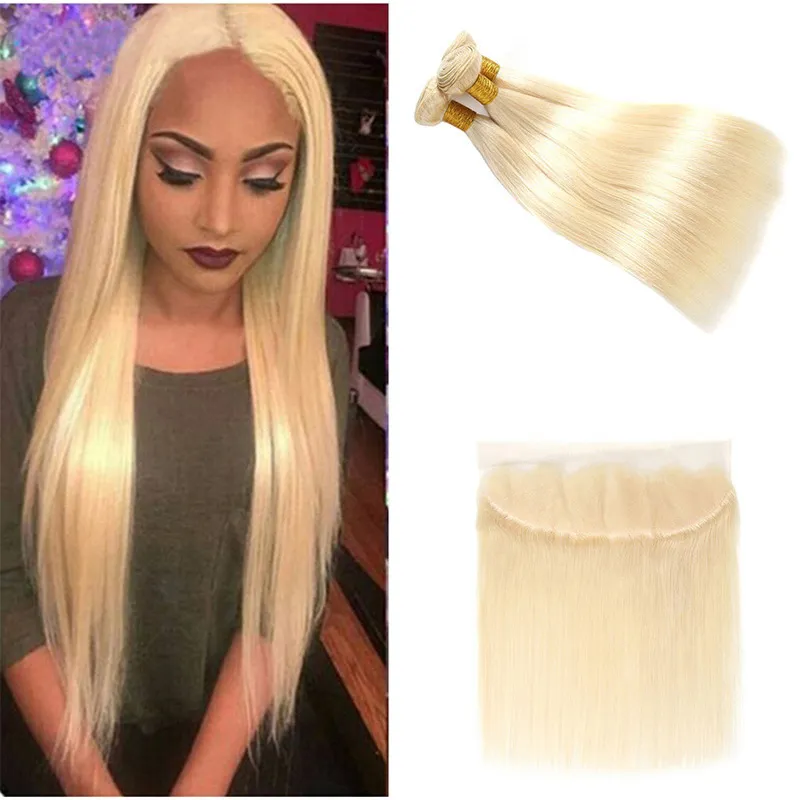 Brazilian Virgin Human Hair Extensions Silk Straight 613 Blonde Human Hair Bundles with Closure 3 Bundles With 13x4 Lace Frontal Closure