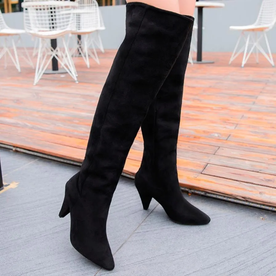 2018 Botas de invierno para mujer Rodilla Botas altas Alta Sólido Flock de tacón alto