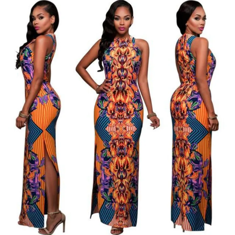 2018 zomer afrikaanse print totem jurk vrouwen mouwloze kant gespleten etnische lange jurk dames sexy bodycon feestjurken vestidos casual jurk