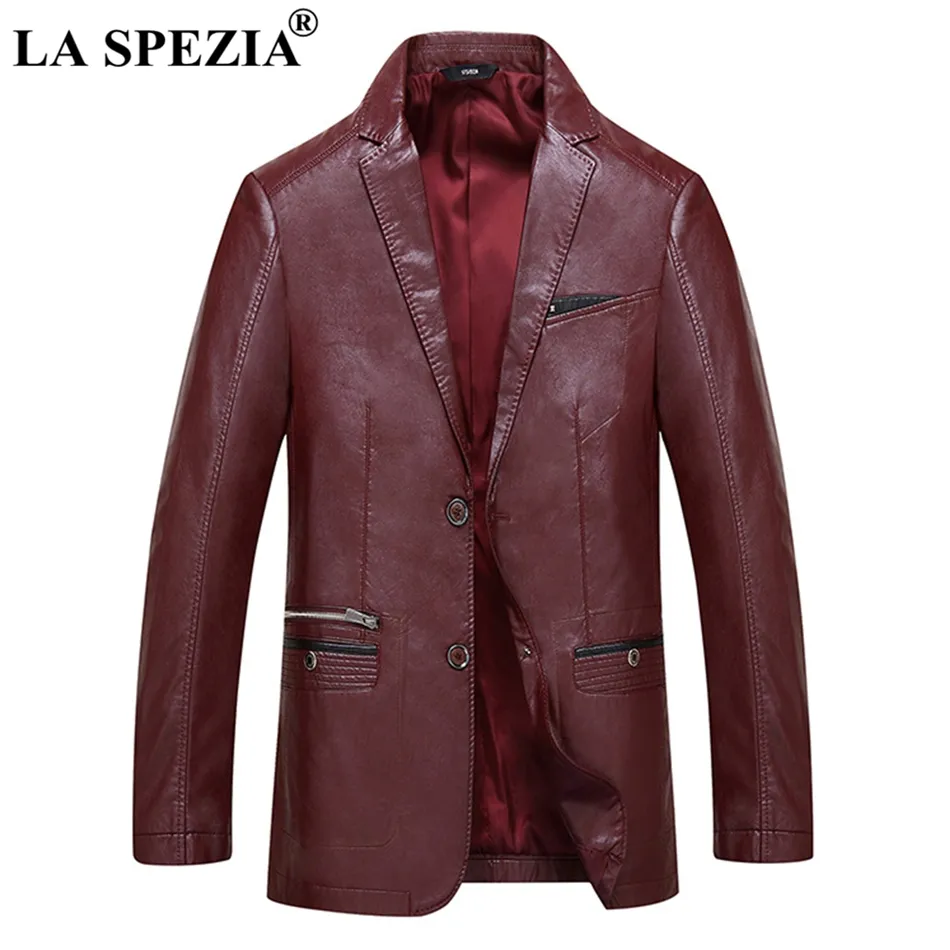 LA SPEZIA Burgundy Jacket Men Faux Leather Slim Fit Jackets With Pockets Gentlemen Casual Man Designer  Spring Autumn Coats