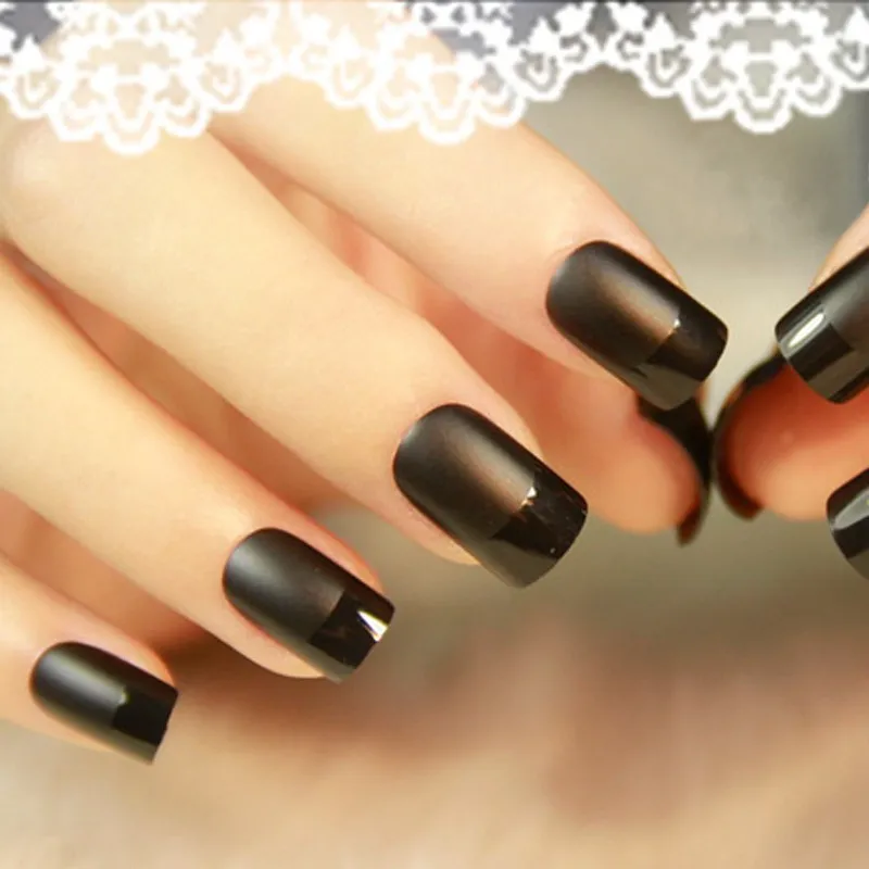 Matte Medium Almond Fake Nails Black French Tip Press On - Temu Bahrain