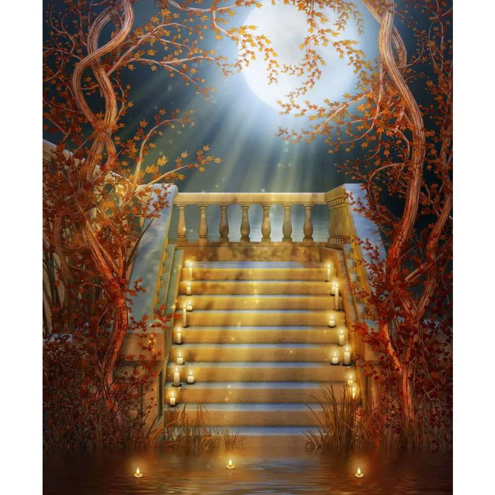 ハロウィーンの背景写真の階段を通って階段のキャンドルカエデの葉の木の赤ちゃんキッズナイトパーティーフォトブースの背景