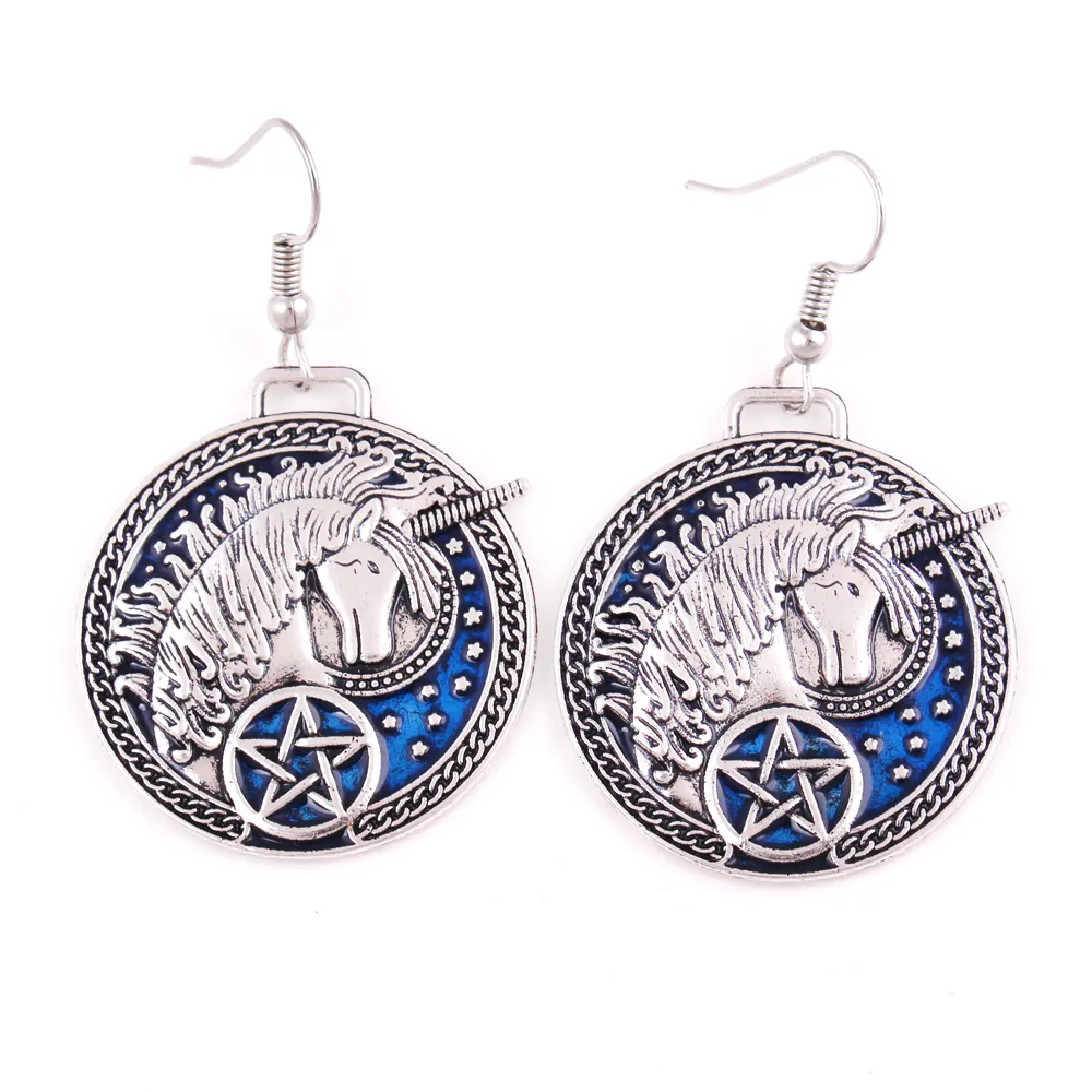Myth Animal Medieval Unicorn Pentagram Talisman With Magic Star Blue Enamel Charm Pendent Earring Cheap Price Provide Drop Shipping