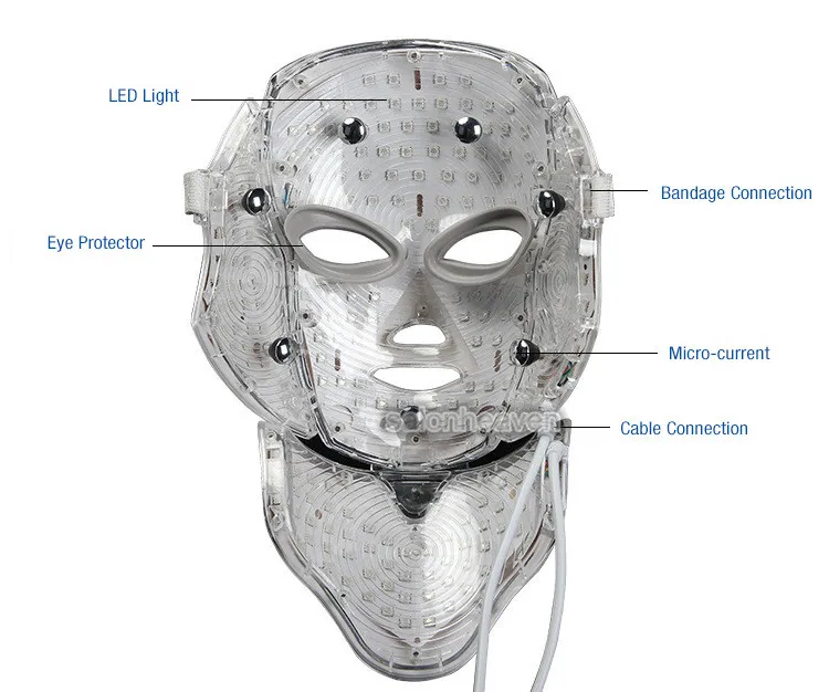 Ptd fóton levou face e pescoço máscara 7 cor diodo emissor de luz do tratamento facial whitening firmemente máscara facial máscara anti-envelhecimento elétrica com microcorrente