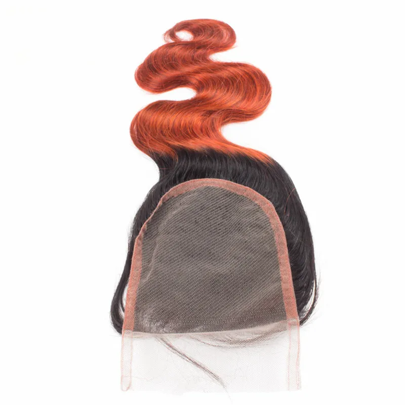 Oranje Ombre Menselijk Haarbundels met Kantsluiting T1B 350 Europese Maagd Haar 3bundles en Topsluiting Twee Tone Body Wave Double Inslag