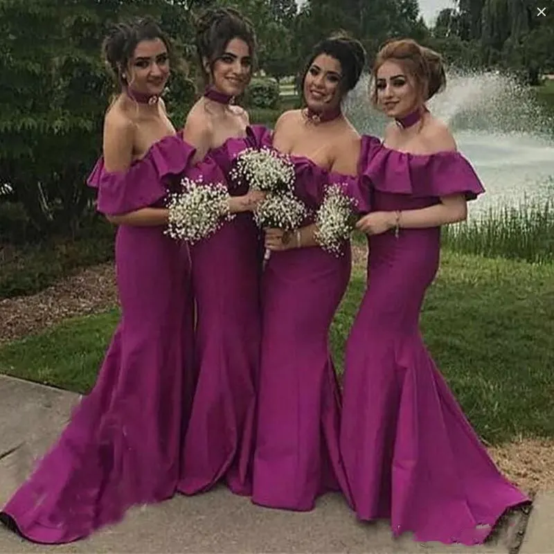 Dark Fushia Mermaid Bridesmaid Dresses For Wedding Sexy Off The Shoulder Satin Maid Of Honor Gowns Sweep Train Bridesmaid Dress Cheap