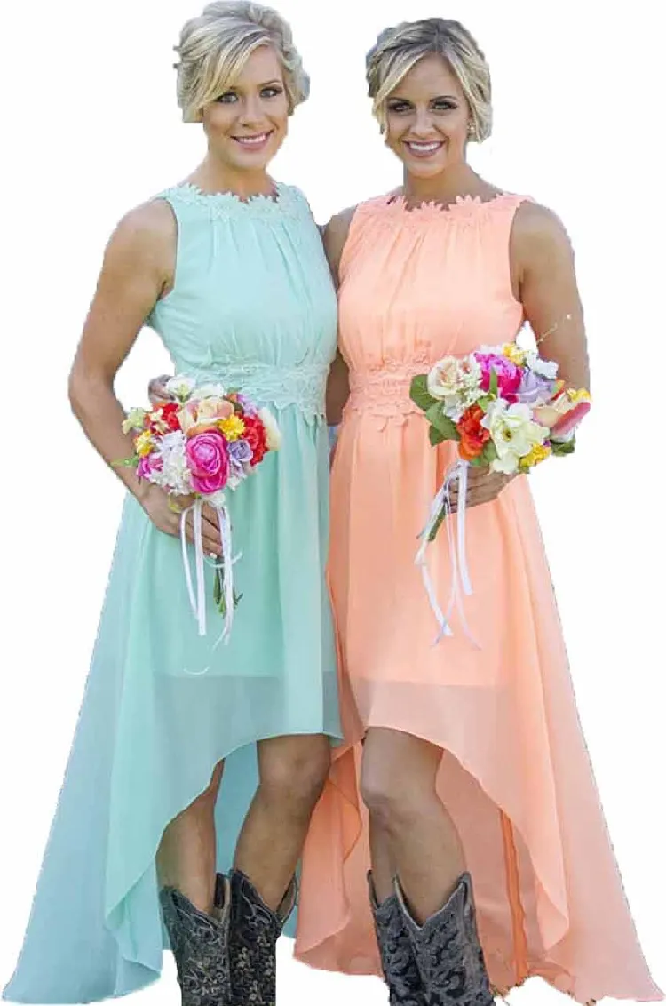 Höga låga brudtärna klänningar för sommarhösten Maid of Honours Plus Size Lace Chiffon Simple Bridal Party Gowns HY247