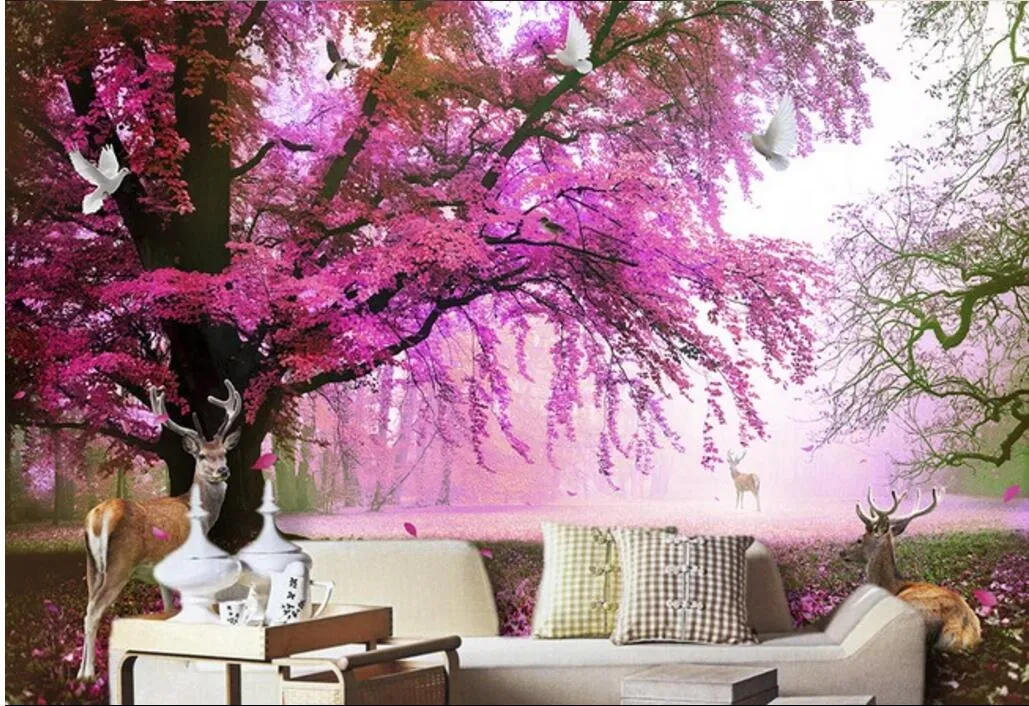 Papier peint de chambre 3d Couchure PO Dream Cherry Tree Deer TV Background Mur Home Amélioration 3D Mural mural Fond d'écran pour murs9669129