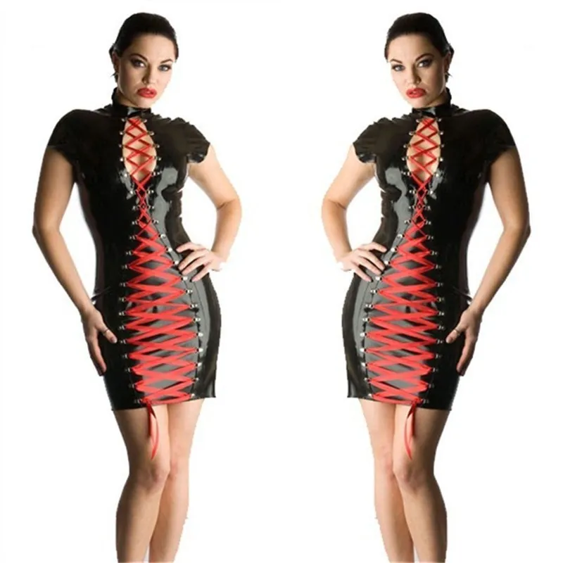 Fetish Black Faux Leather Dress Sexy Latex Mini Dress Tie Up With Red Lace Bandage Bodycon Dress Night Party Clubwear