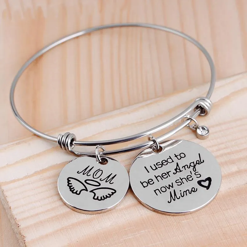 Memorial Bracelet I Used To Be His Angel Now He's Mine Dad Angel Wing Hand Stamped Mom Bangle for Memorial Gift Sympathy Gift