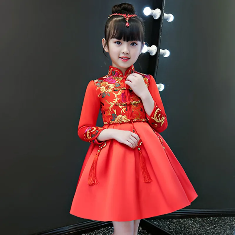 2019 신년 여자의 옷 겨울 공주의 복장 어린이 빨간 웨딩 Cheongsam 정통 중국 스타일의 꽃 긴 소매가 드레스