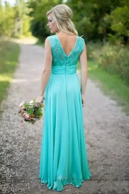 2019 goedkope land turquoise munt bruidsmeisje jurken illusie nek kant kralen top chiffon lange plus size meid van eer bruiloft jurk