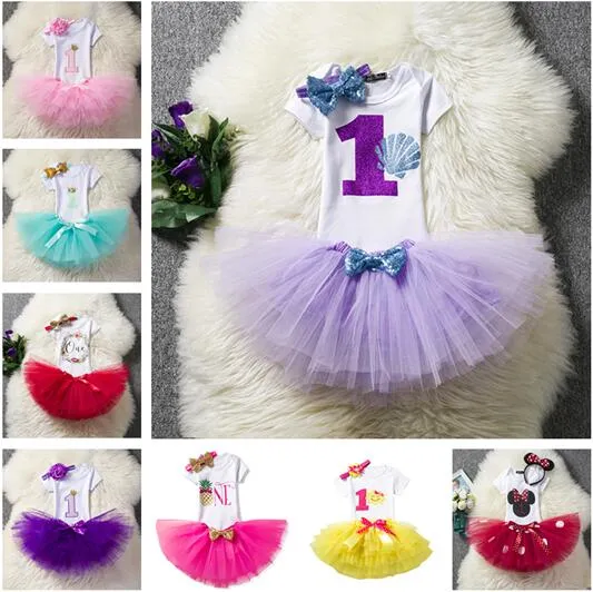 44 Style Nyfödd 2018 Flower Party Clothes Set Baby Girl One Years First Birthday Tutu Outfits för Girls Tulle Toddler Baby Clothing Suit