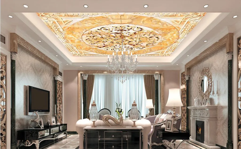 Fond d'écran de plafond européen Super élégant fond de plafond de paquet souple en marbre de fleurs chaudes