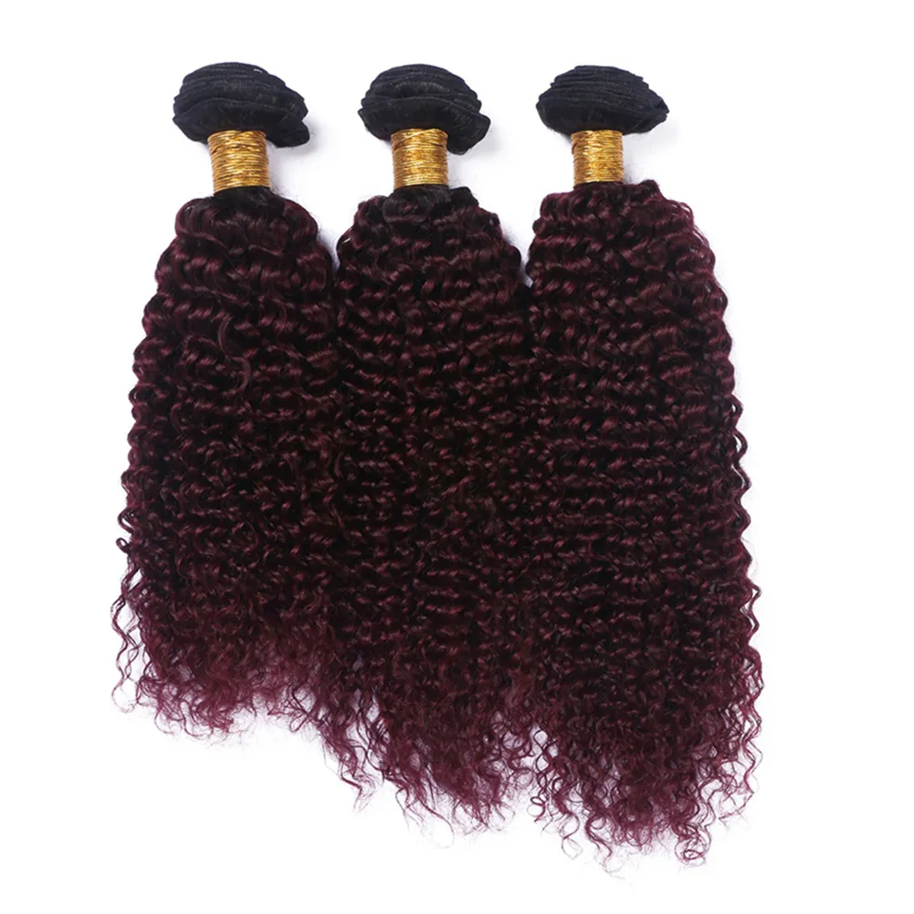 Ciemne korzenie 1B 99J Kinky Curly Hair Weaves z koronkowym zamknięciem Ombre Kolor czerwone wino 99J Kręcone włosy 3bundles z 4x4 Closure4671728