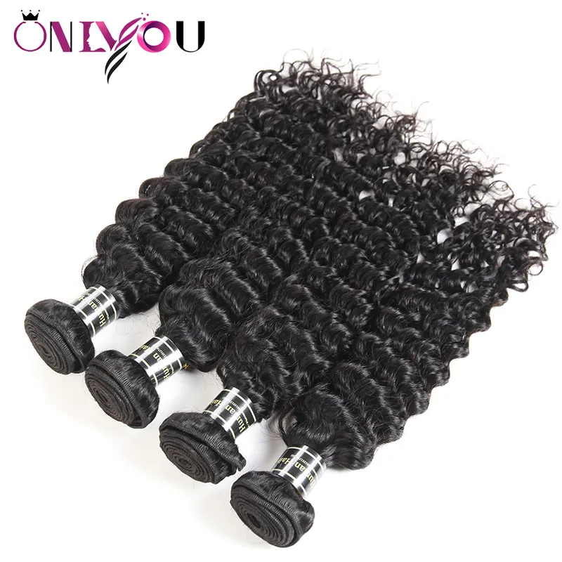 Nieuwe Collectie Maleisische Virgin Remy Haar Weave 4 Diepe Krullend Bundels met Sluiting Maleisische Diepe Golf Zijde Basis Sluiting Curl Hair Extensions