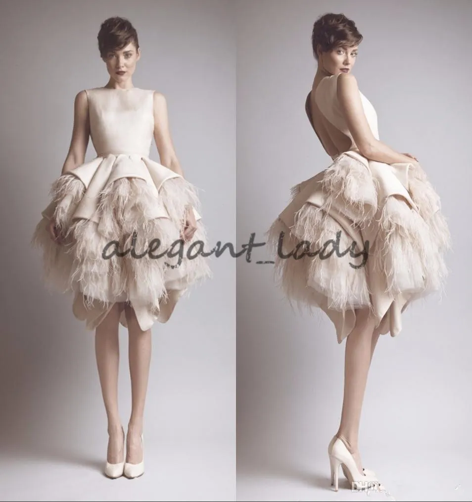 Ashi Studio Crew Neck Keyhole Back Tiers Satin Short A-Line Evening Dresses Wit Ostrich Feather Prom Celebrity Gowns krikor jabotian