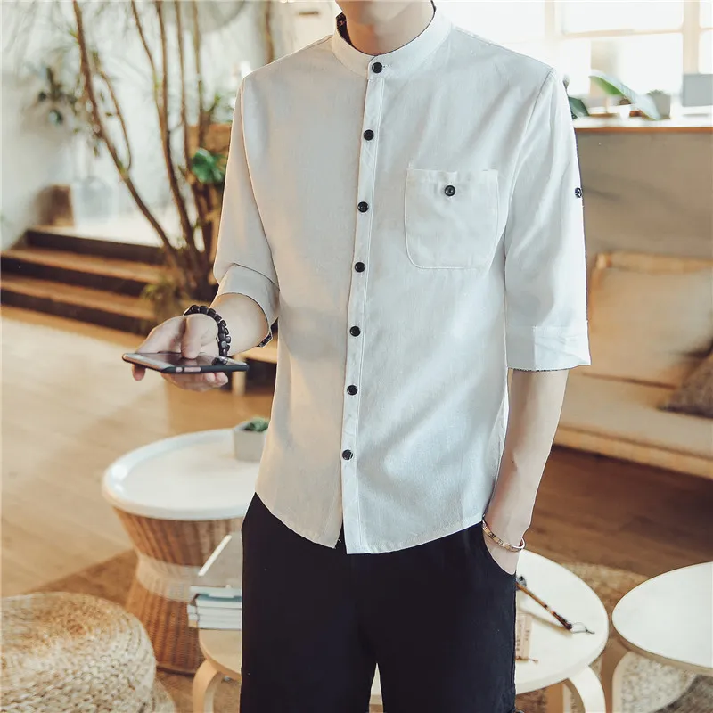 VERSMA лето белье мужская рубашка Половина рукава китайский мандарин воротник рубашки мужчины повседневная сплошной цвет Мужские рубашки плюс размер 5XL