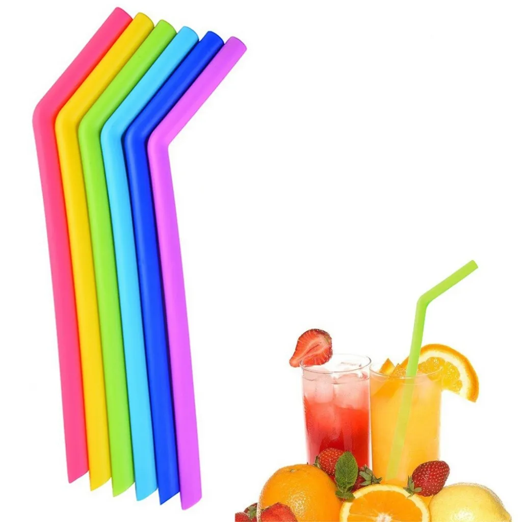 Set of 6 reusable silicon drinking straws - large, flexible, smoothie size