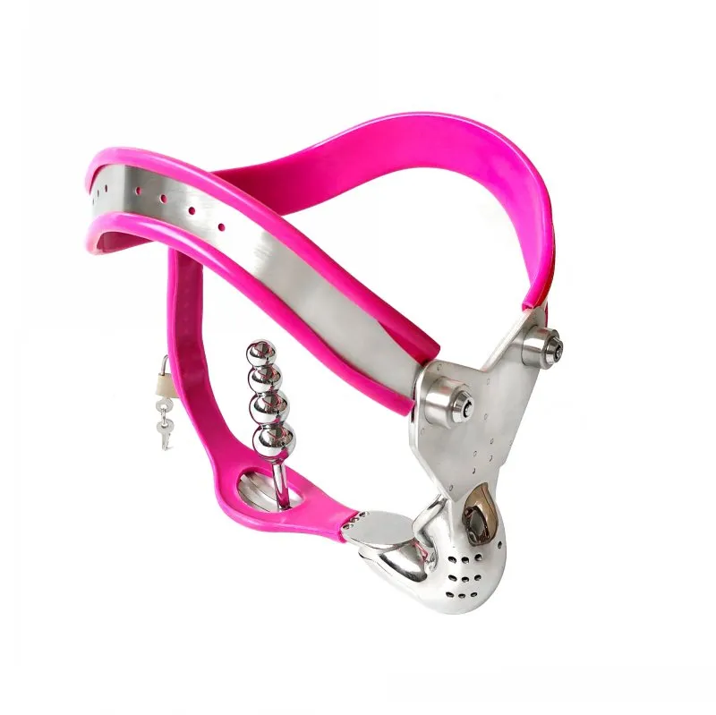 Dispositif de chasteté rose pour homme en acier inoxydable, modèle T, courbe réglable, ceinture de taille, Cage à coq avec prise, jouets sexuels BDSM