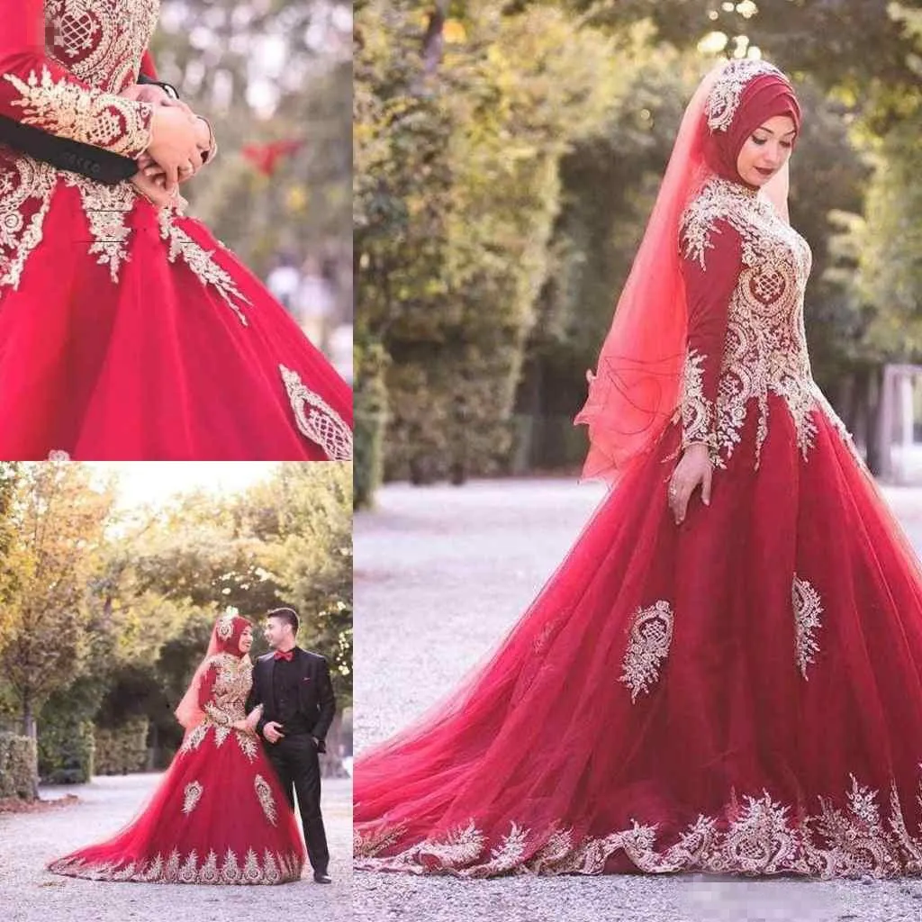 Мусульманский Хиджаб Золото Аппликации Красный Свадебные Платья Высокая Шея Блестки С Длинным Рукавом Мода Свадебные Платья На Заказ Роскошные Свадебные Платья