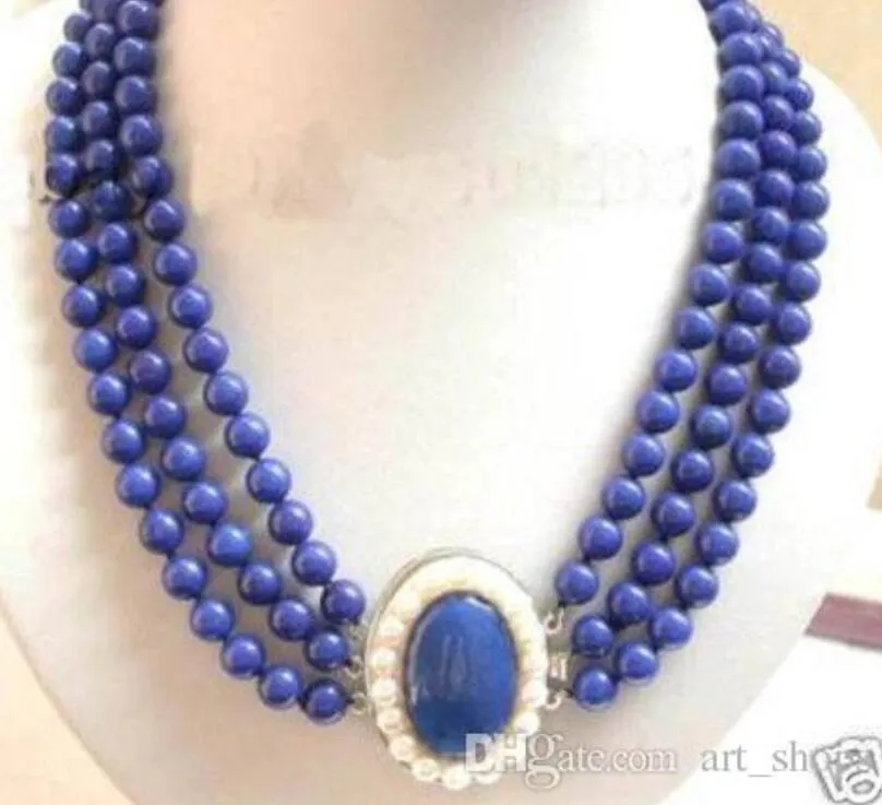 Collier de bijoux de charme 3Row Real Lapis Lazuli perle blanche