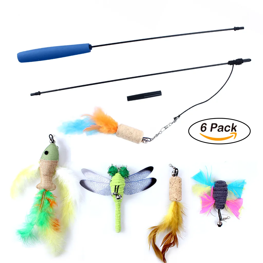 6 Pack Colorful Feather Cat Toy Retractable Wand Rod With 5 Replacement Head Feather Toys Teaser Cat Catcher