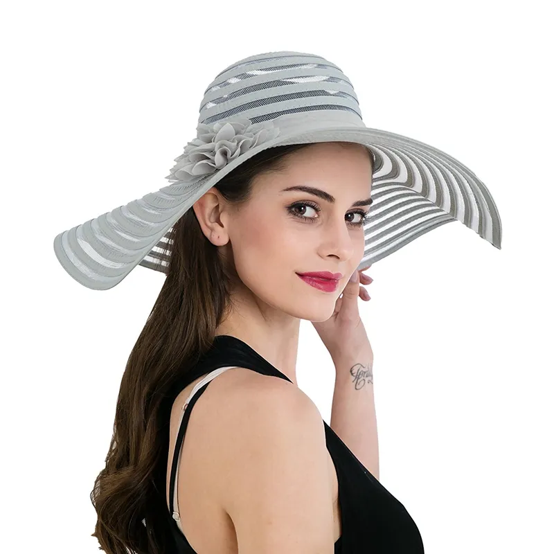 여성용 여름 Organza 플로피 해변 모자 와이드 브림 스트라이프 플랫 모자 숙녀 꽃 태양 해변 모자
