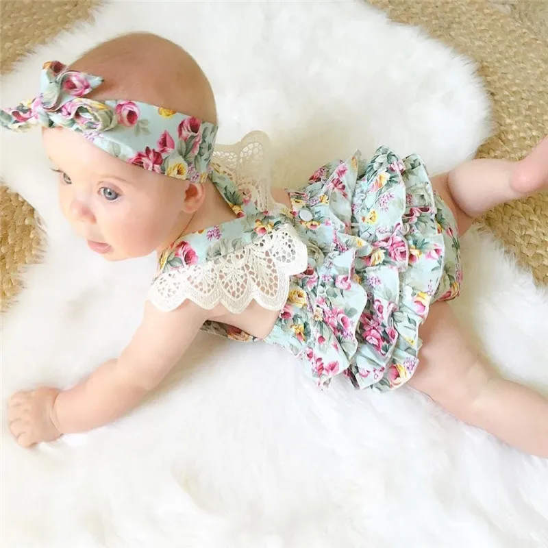 Floral Cute Baby Romper 2018 Ruffles Lace Jumpsuit com headband Recém-nascido Bebé Roupa para meninas sunsuit Outfits Crianças Kids Clothing 0-24M