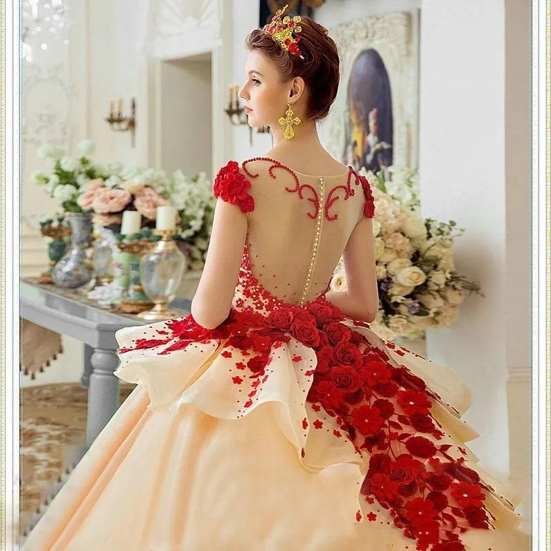 3D-Applikation, handgefertigte Blumen, Ballkleid, Quinceanera-Kleider, luxuriöses Abschlussball-Abendkleid, Prinzessin-Festzug-Kleider, Brautkleider, Geburtstagsparty-Kleid