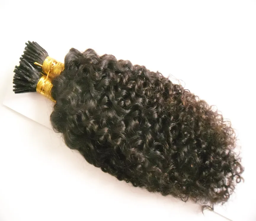 Afro kinky mänskliga hårspik i spets hårförlängningar 100g / strängar Förbundet hår på keratinkapslar Naturfärg 1g / sträng