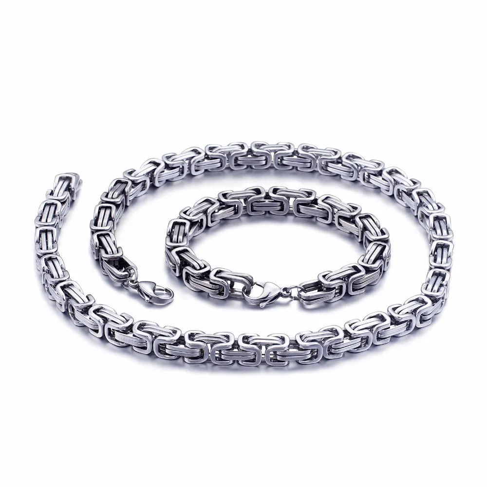 5mm/6mm/8mm wide Silver Stainless Steel King Byzantine Chain Necklace Bracelet Mens Jewelry Handmade