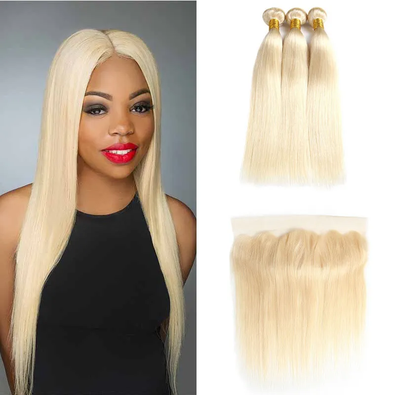 Brazilian Virgin Human Hair Extensions Straight 613 Honey Blonde Human Hair Weave with Closure 3 Bundles With 13x4 Lace Frontal