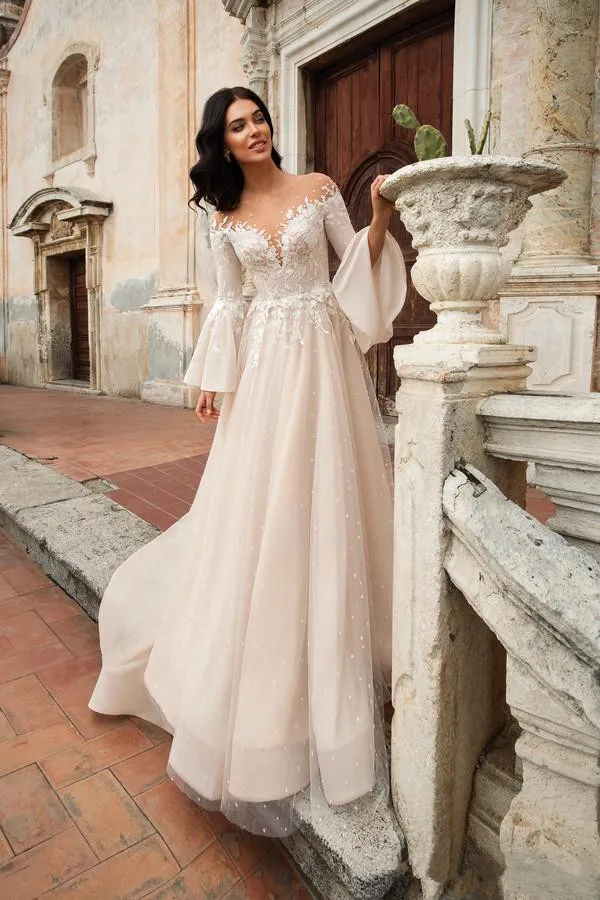 long dresses for weddings LaDivine C159W A Line Lace Wedding Dress every special occasions and wedding party Simple Modest A-Line Long Sleeve
