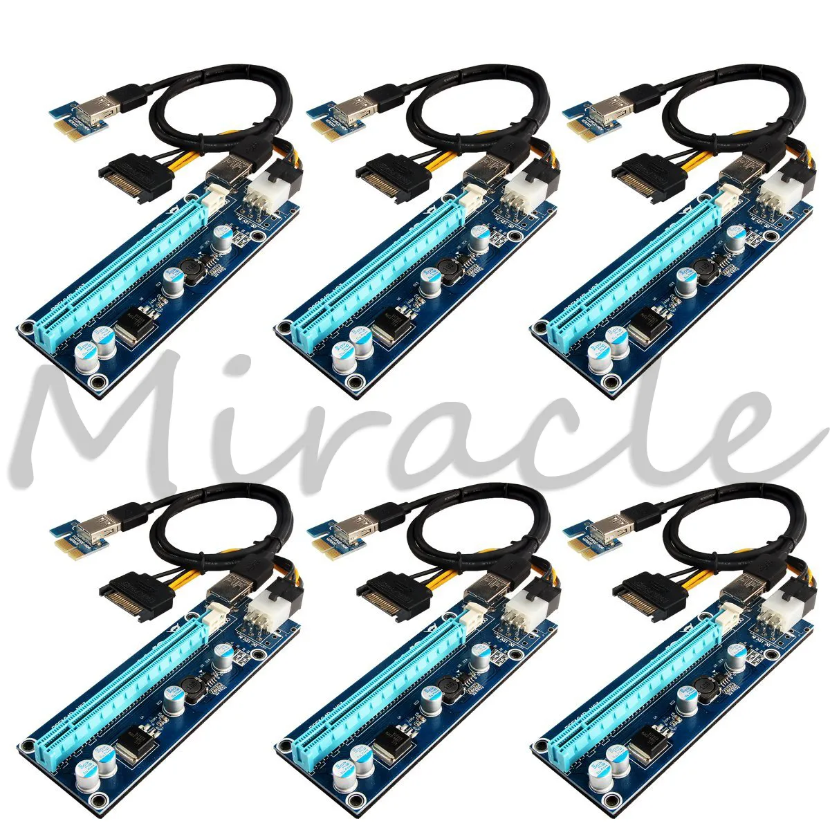 6-pack PCI-E 1X tot 16x Riser-kabeladapter, USB 3.0 60cm kabel, GPU grafische kaart verlengkabel, SATA-kabel