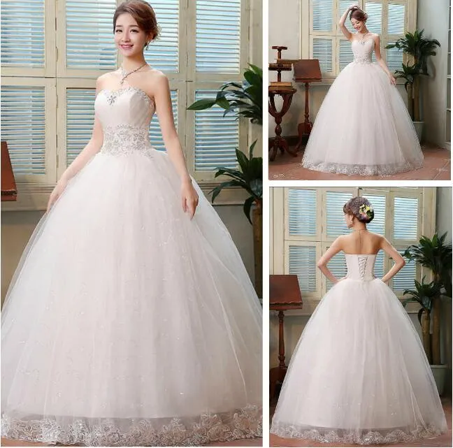 Luxury Crystals Sleeveless Sweetheart Appliques Strapless Ball Gowns Wedding Dresses Rhinestones Lace-up Back Wedding Gown HKJ105