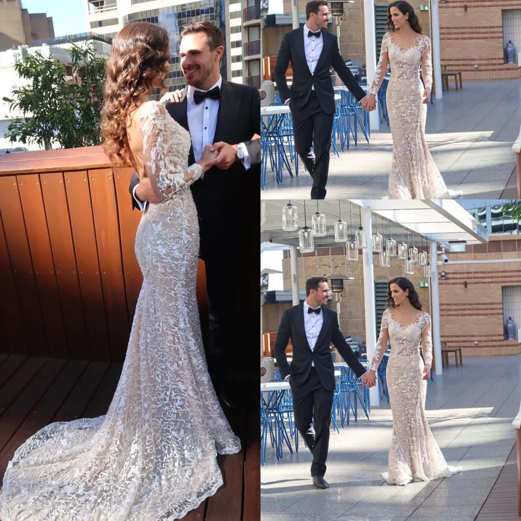 Elegante neue Meerjungfrau Brautkleider U-Ausschnitt Spitze Applikation Sweep Zug rückenfreies Hochzeitskleid Brautkleider Vestidos De Noiva