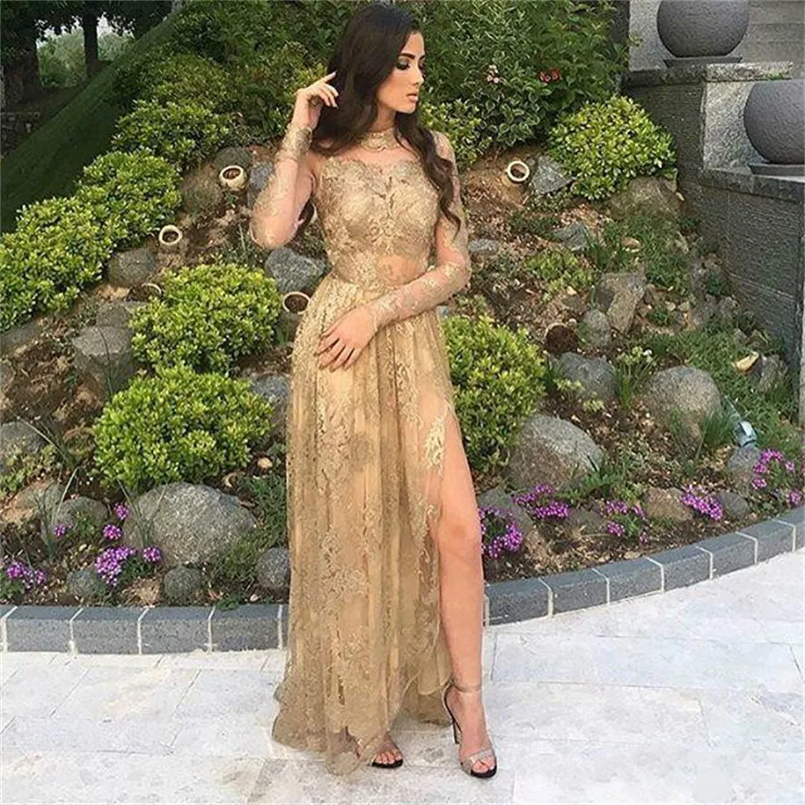 Vintage Lace African Girl High Neck Split Guest Dress Evening Dress Elegant Gold Applique Long Sleeve Stunning Party Prom Dress