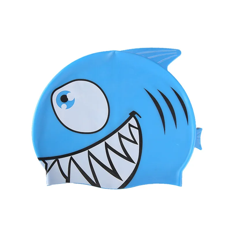 2018新しい子供の水泳帽の漫画の魚のシリコン防水耳のサメの形の水泳プールの帽子子供キャップ