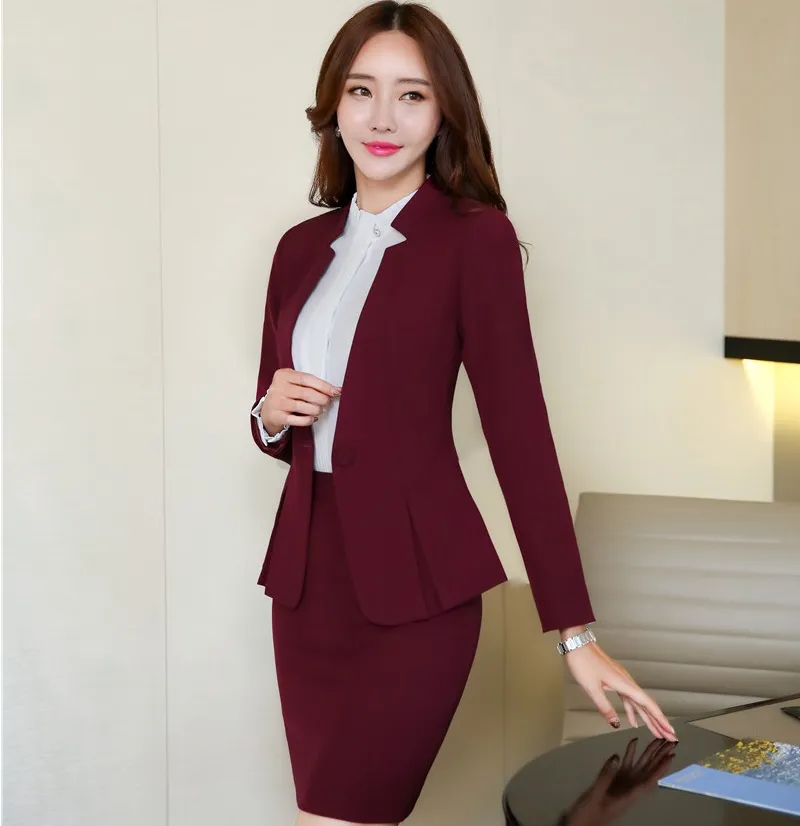 Blazer rosso bordeaux formale Abiti da lavoro da donna con gonna e giacca Set disegni uniformi da ufficio per donna Stili 2018 Nuovi stili