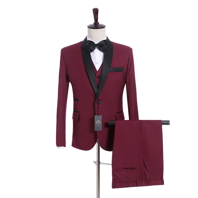 Brand New Groomsmen Wine Groom Tuxedos Szal Czarny Lapel Mężczyźni Garnitury Side Vent Wedding / Prom Best Man Blazer (kurtka + spodnie + kamizelka + krawat) K935