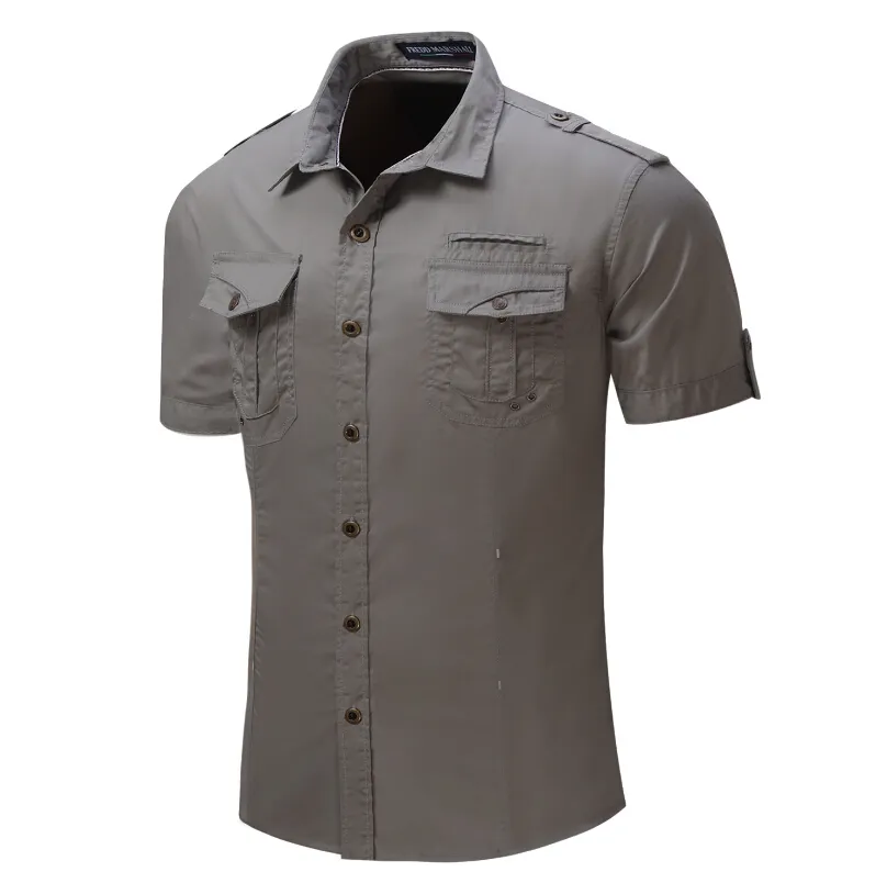 Summer  Shirts Mens Casual Shirt Short Sleeved Khaki Black Grey Loose Tops Tees