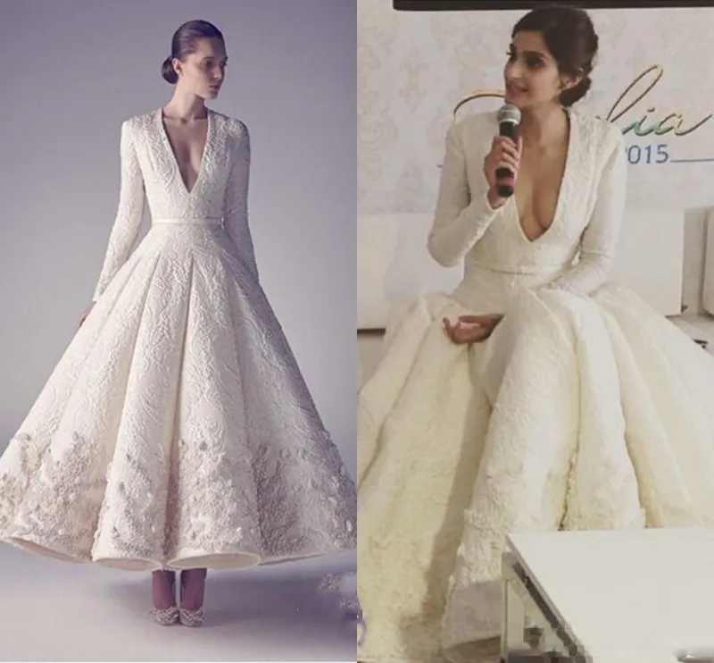 Ashi Studio White Vintage Tea Length Prom Dresses Sonam Kapoor Formal V-neck Long Sleeve Middle East Arabic Occasion Prom Gowns