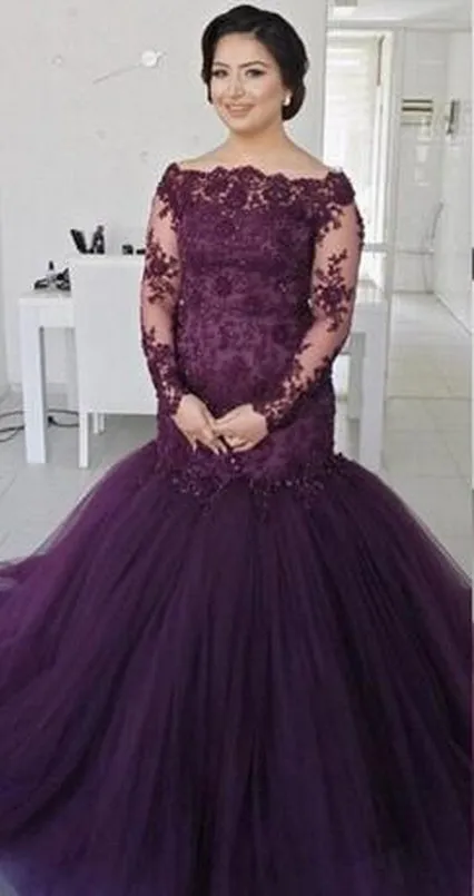 Alluring Purple Prom Evening Dress For Plus size Women Girls 2022 Off shoulder Illusion Long Sleeves Lace Applique Mermaid Ruched Cheap