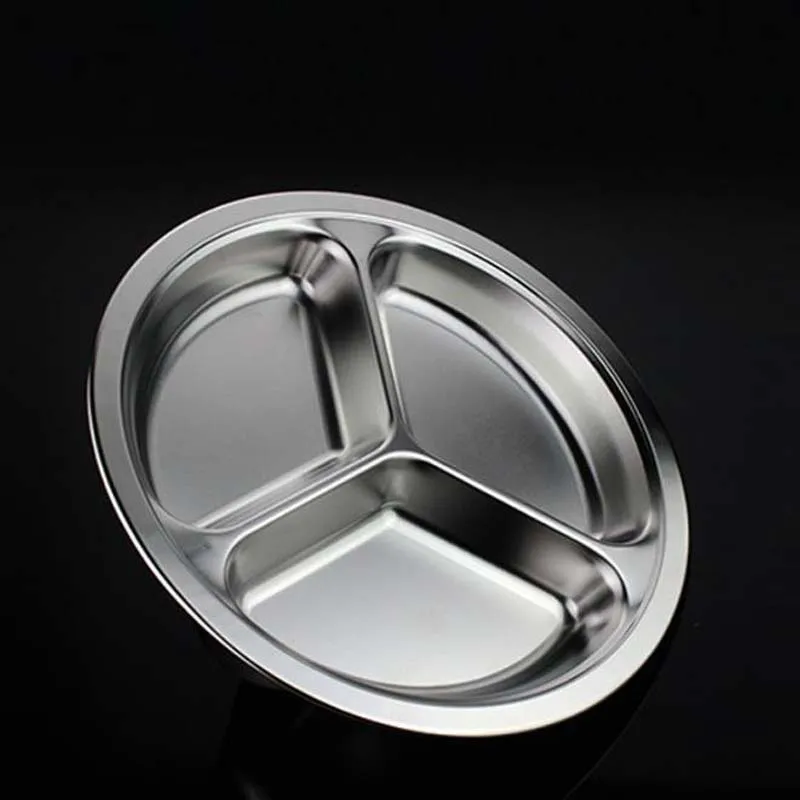 26CM Stainless Steel Fast Food Tray Restaurant Hotel Service Tray 3-Grid Round Snack Tray Kitchen Canteen Dining Plate