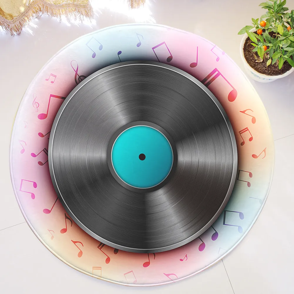 Music Disc Printed Flannel Roud Carpets For Living Room Decor Anti-slip Kids Bedroom Round Rug Door Mats Office Chair Floor Mats