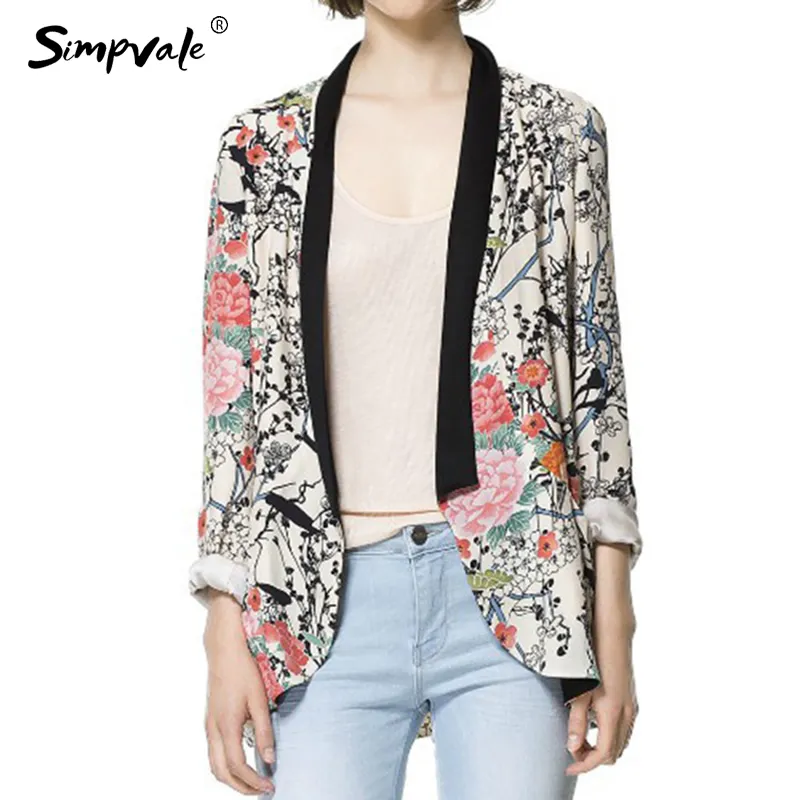 Simpvale European USA Style Woman Blazers utan knapp Peach Flower Print Casual Blazers Black Neck Slim