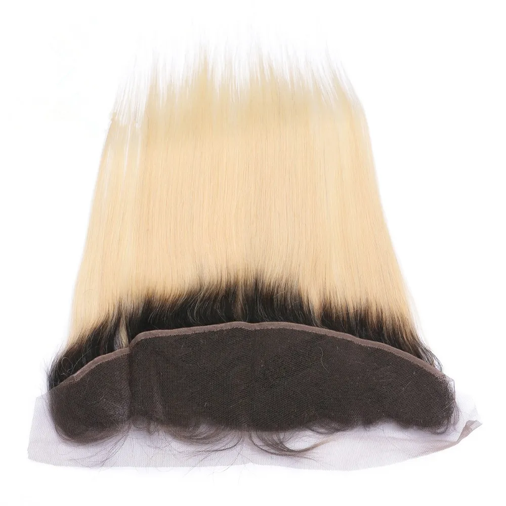 Virgin Peruvian blonde ombre mänskliga hårbuntar handlar 3st med fulla främre mörka rotade ombre blonda hårväv med spets frontal 13x4