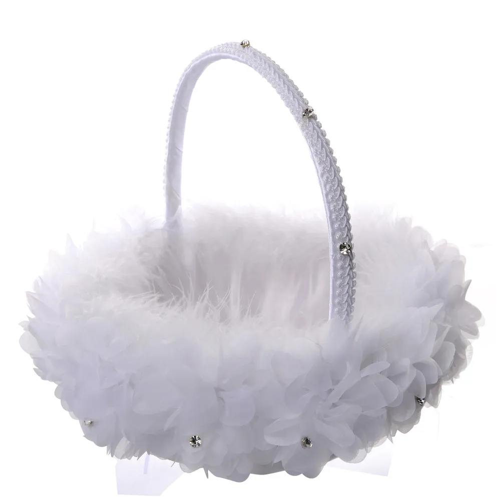 White Ostrich Feather Flower Girl Basket Elegant Round Silk Flower Basket Wedding Favors Wedding Accessory